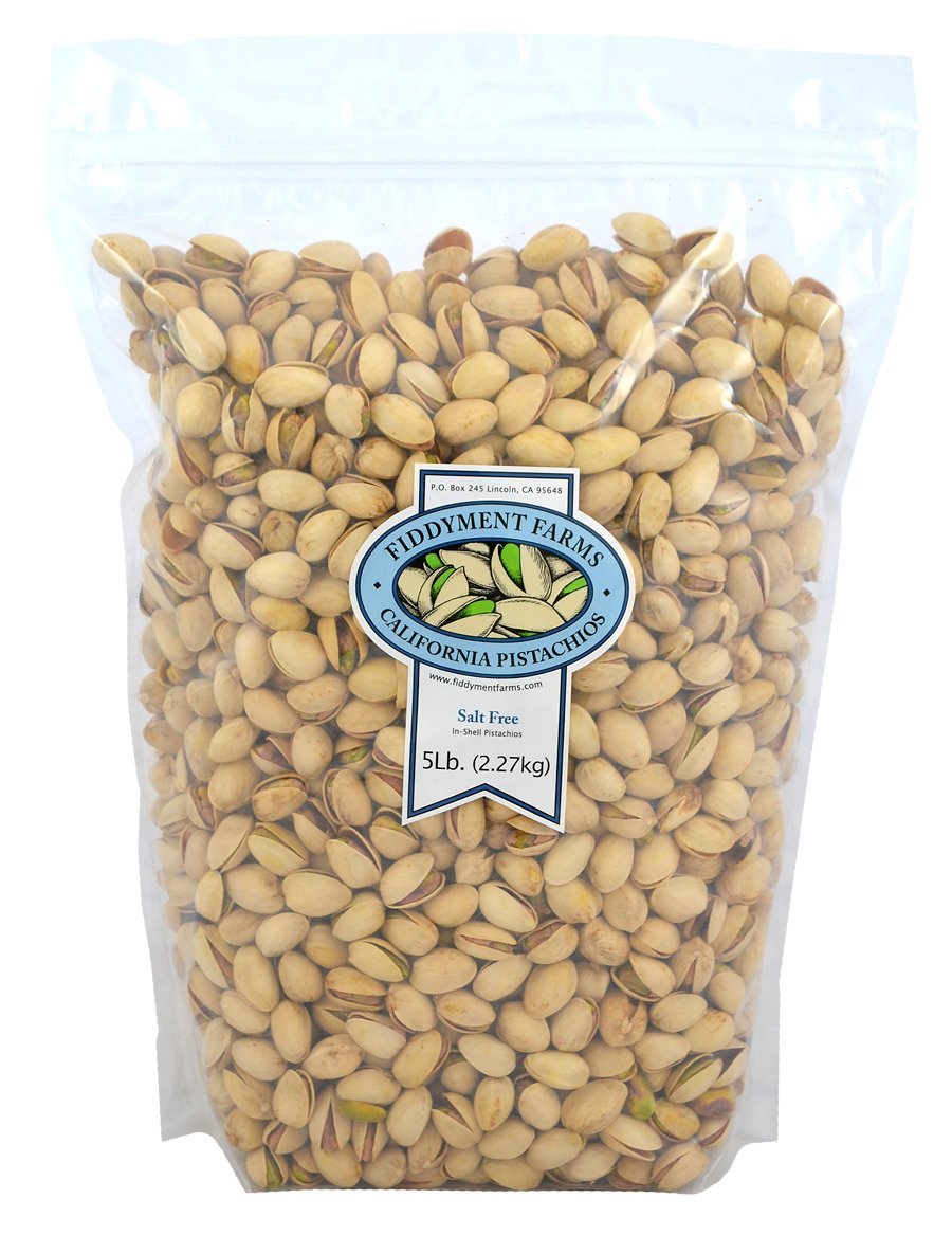 Fiddyment Farms pistachios in-shell salt-free 5lb bag, ideal for wholesome snacking and gifting.