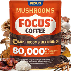 Fidus 16 in 1 Mushroom Coffee packaging front showing premium blend for daily focus