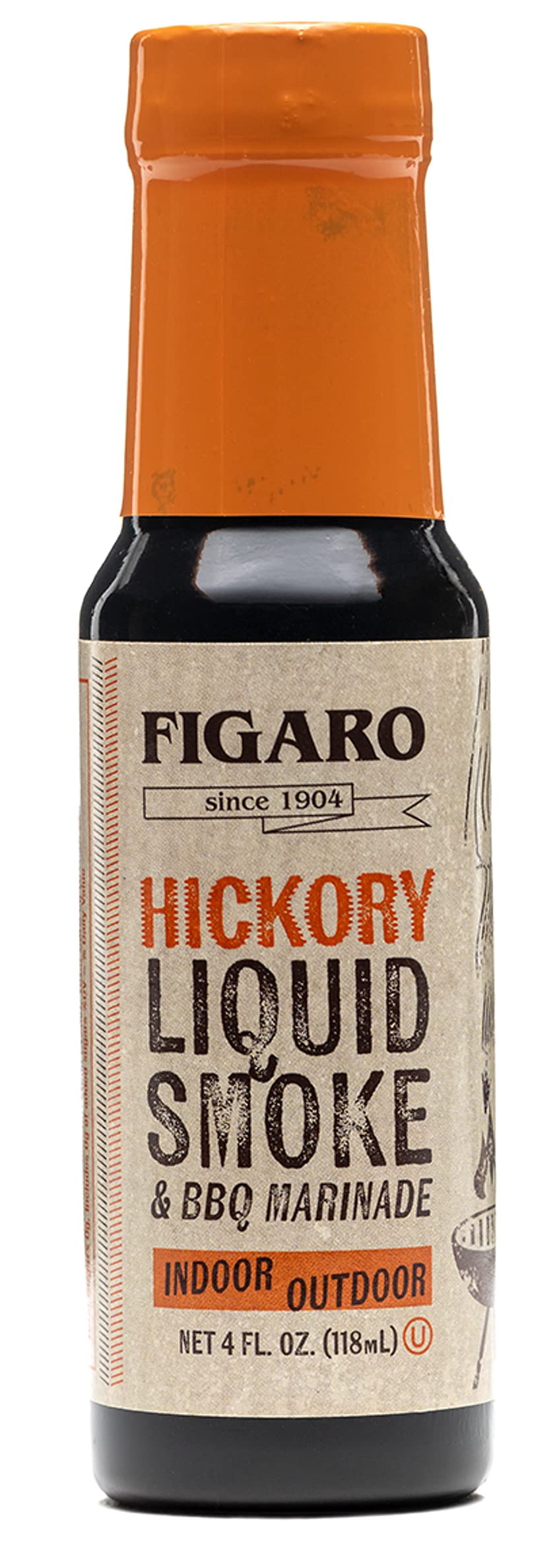 Figaro Hickory Liquid Smoke bottle being used to flavor steak indoors.