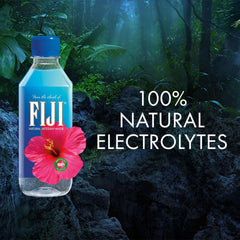 FIJI water bottle on table demonstrating smooth, soft taste