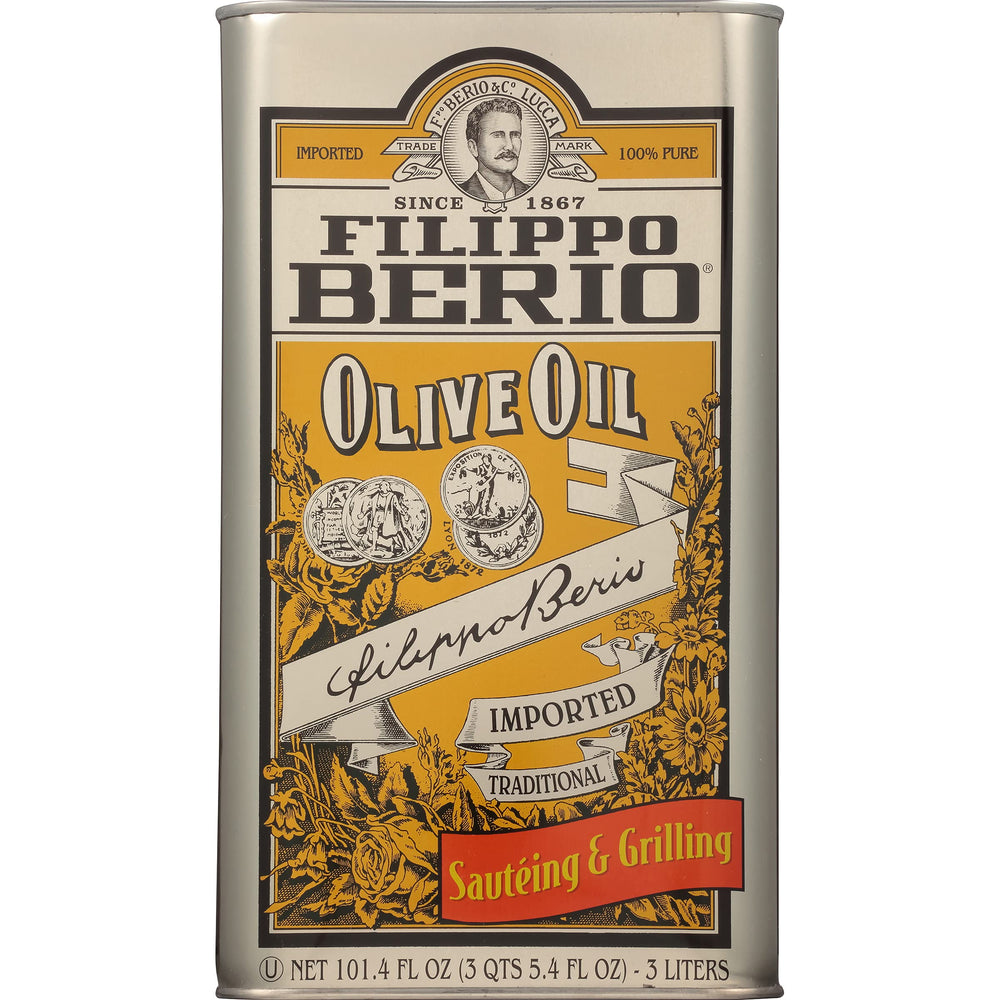 Filippo Berio Pure Olive Oil bottle on kitchen counter for everyday cooking