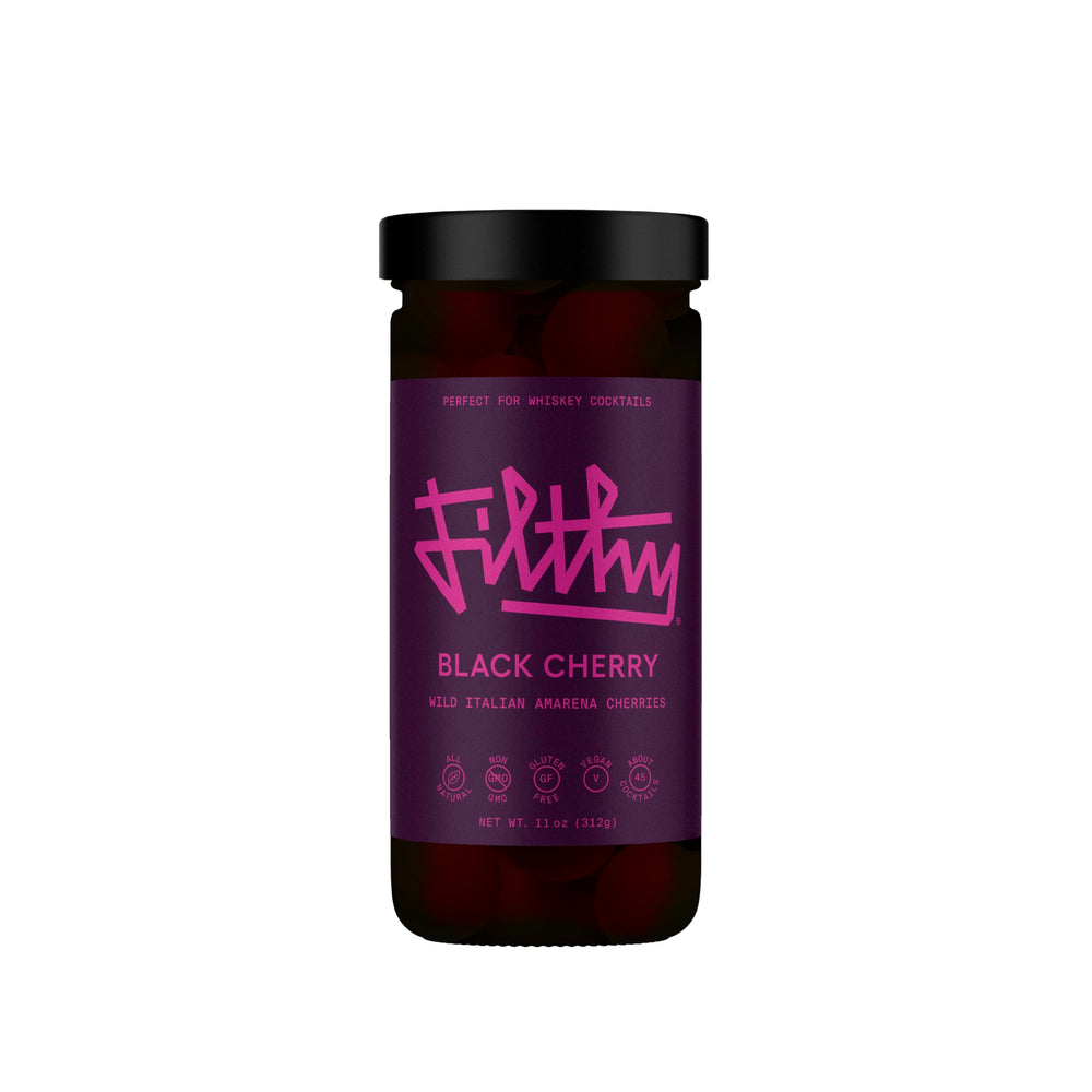 Filthy Food Amarena black cherries jar, premium garnish for refined cocktails and easy bar prep.