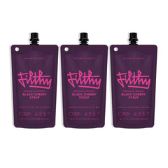 Filthy Food Black Cherry Syrup bottle front, showcasing premium amareno cherries for cocktails