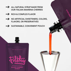 Filthy Food Black Cherry Syrup label closeup, emphasizing all-natural Amarena cherries