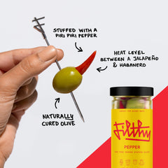Filthy Food pepper stuffed olives as Bloody Mary garnish, eye-catching