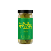 Filthy Food pickle-stuffed olives in a jar front view, premium cocktail garnish.