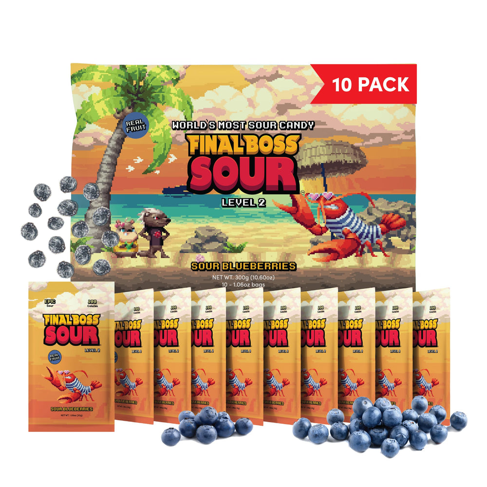 Final Boss Sour Blueberries Level 2 pouch on table, convenient on-the-go snack.