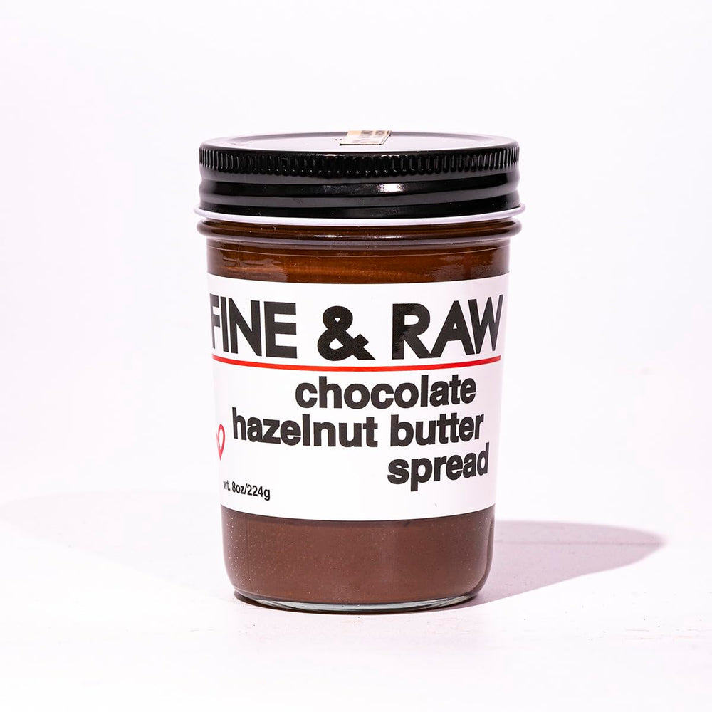 Fine & Raw Chocolate Hazelnut Butter Spread jar for toast and snacks.