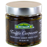 Fine Food Dittmann black summer truffle carpaccio slices in olive oil, ready to elevate salads and pasta.