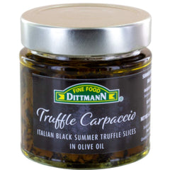 Fine Food Dittmann black summer truffle carpaccio slices in olive oil, ready to elevate salads and pasta.