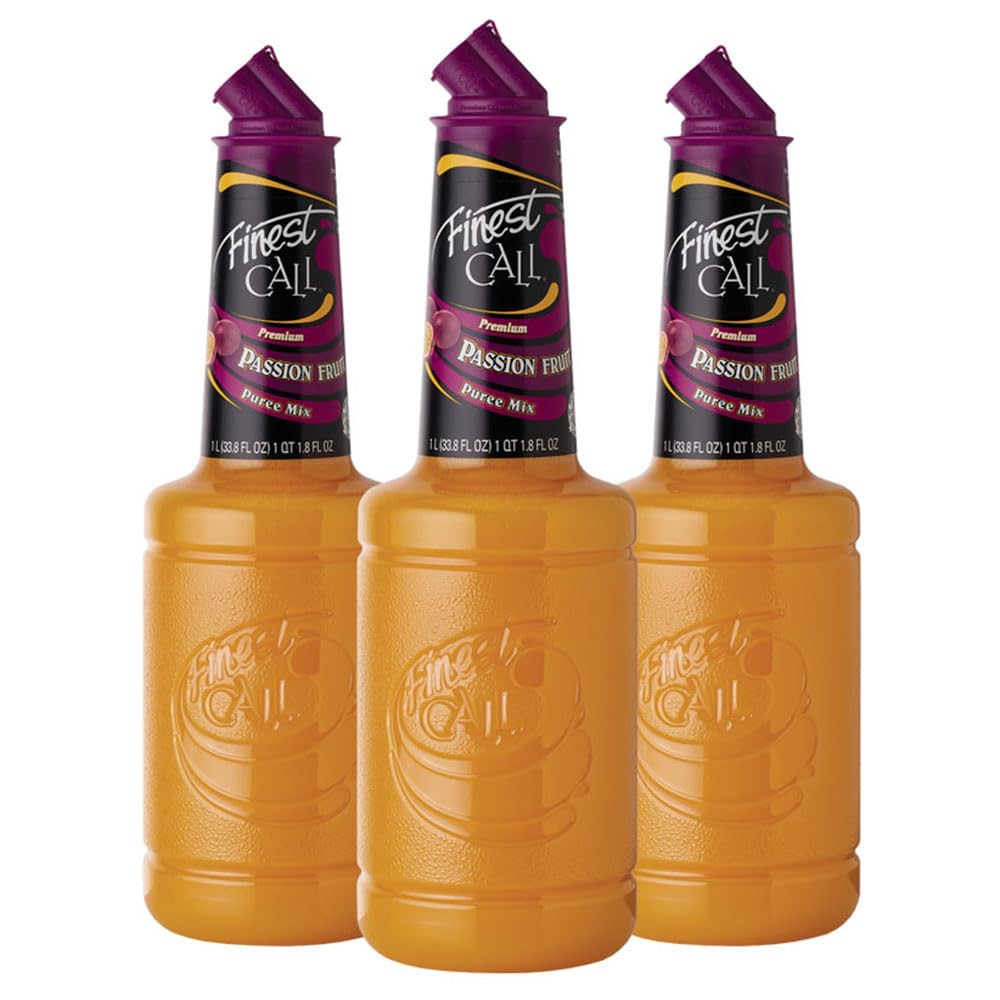 Finest Call passion fruit puree bottle close-up for vibrant cocktail preparation.