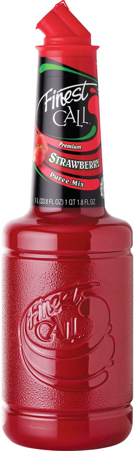 Finest Call Strawberry Puree bottle ready for cocktails with vibrant color.