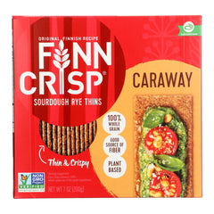 Finn Crisp Caraway Sourdough Rye Thins pack on display, crisp texture ready for toppings.