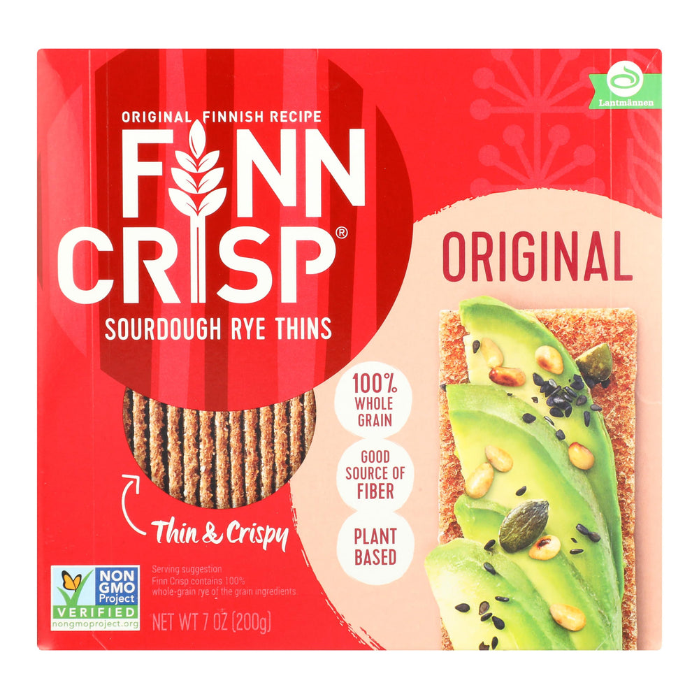 Finn Crisp Original Sourdough Rye Thins pack on shelf, ready to enjoy.