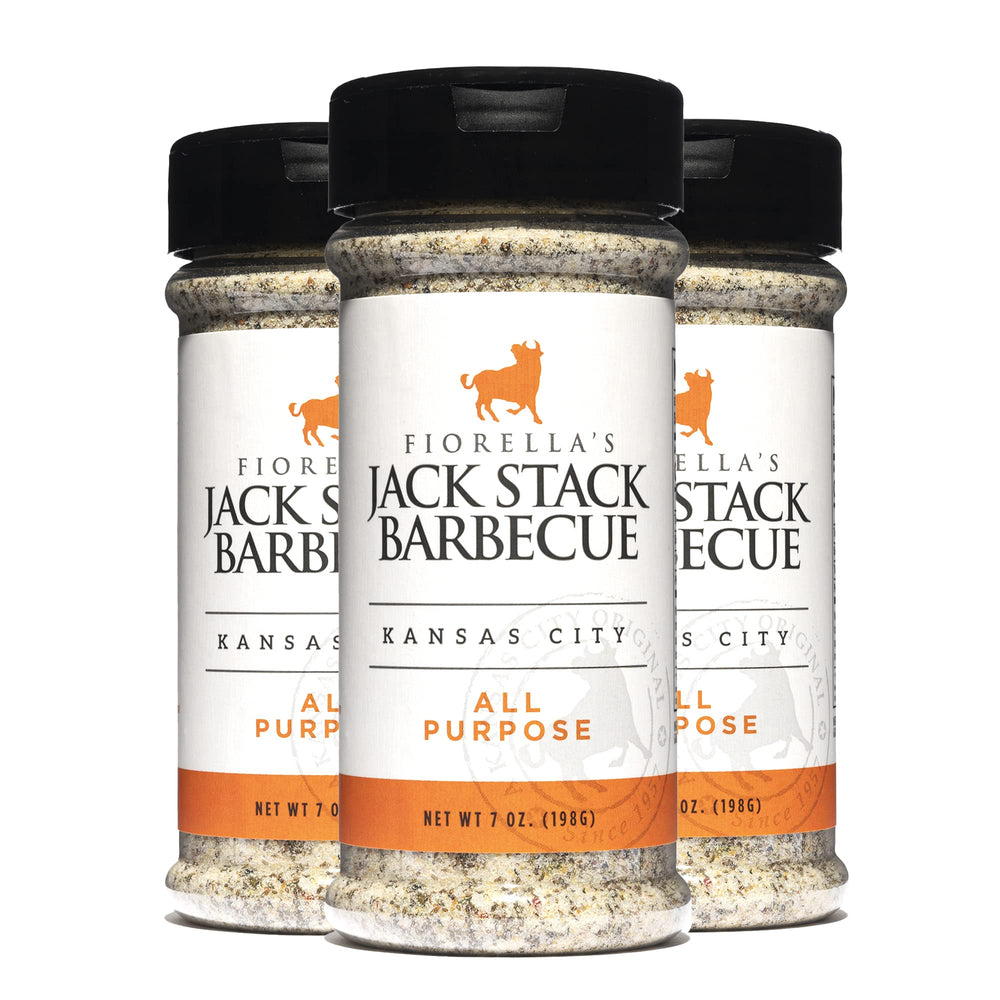Fiorella's Jack Stack All-Purpose Dry Rub jar front showing versatile flavor for many dishes.