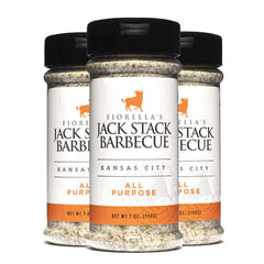 Fiorella's Jack Stack All-Purpose Dry Rub jar front showing versatile flavor for many dishes.