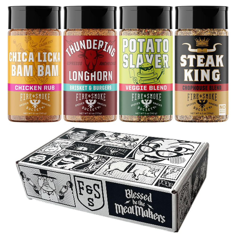 Fire and Smoke Society Meat and Potatoes Variety Pack bottles ready for grilling.
