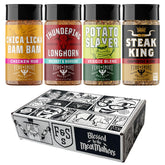 Fire and Smoke Society Meat and Potatoes Variety Pack bottles ready for grilling.