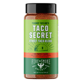 Fire and Smoke Society taco secret seasoning bottle front showing bold flavor for tacos and fajitas.