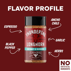 Fire and Smoke Society Thundering Longhorn steak on grill adds bold aroma to beef.