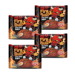 Fire Bull Ramen packaging with four pouches, ready-to-prepare kit for busy cooks