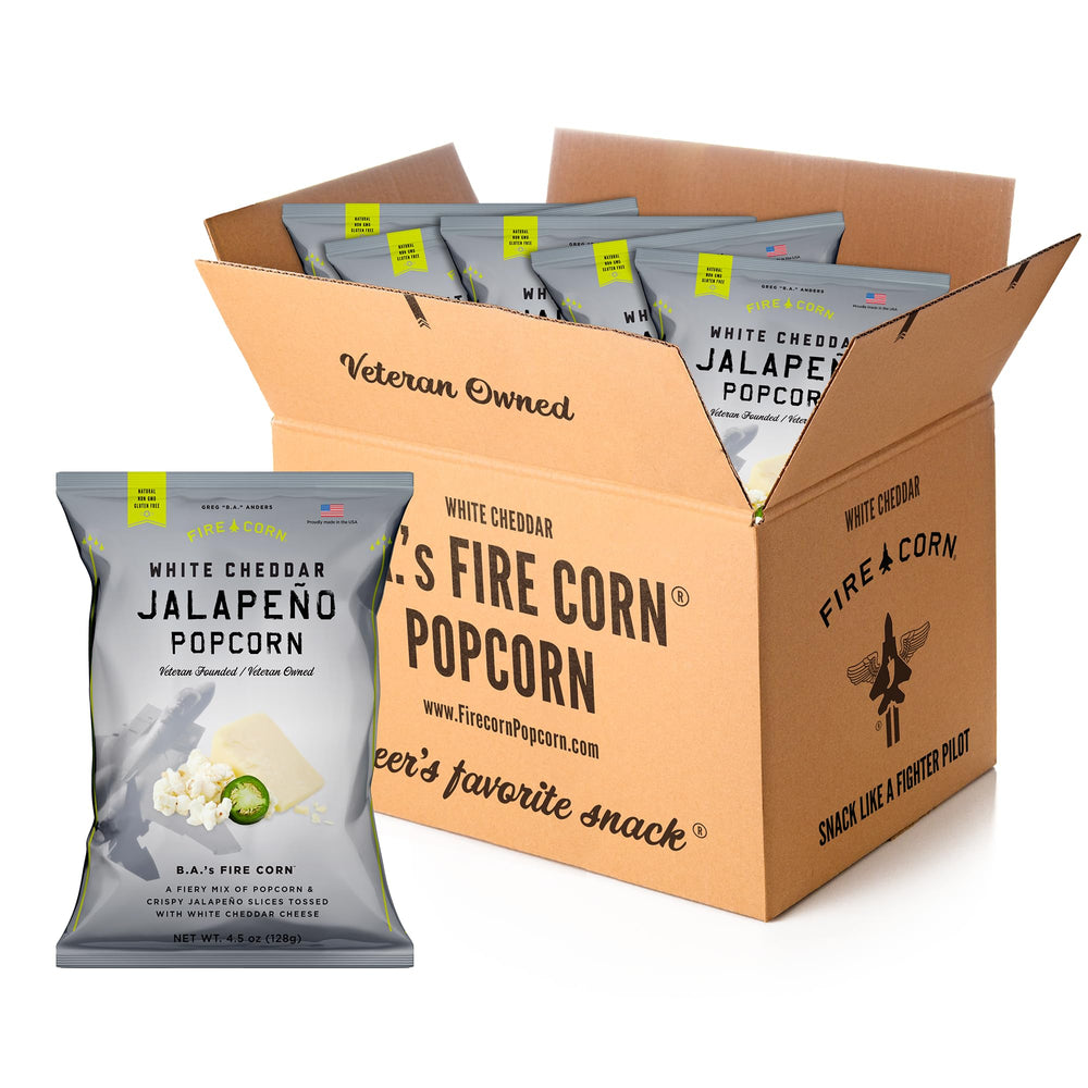 Fire Corn jalapeño popcorn bags show bold spice and cheddar finish.