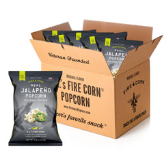 Fire Corn Popcorn jalapeño front bag highlights spicy flavor for bold snacking.