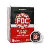 Fire Department Coffee dark roast pods in a box for a bold morning brew
