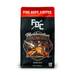 Fire Department Coffee marshmallow brownie ground coffee pack shot suggests a premium morning ritual.