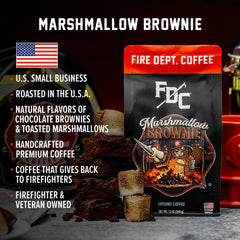 Fire Department Coffee steamy cup marshmallow brownie highlights rich aroma for cozy moments.