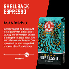Shellback espresso bag showcasing small-batch, USA-roasted excellence