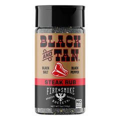 Fire & Smoke Society black-tan steak seasoning bottle enhances crust and aroma