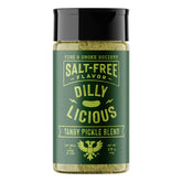Fire & Smoke Society Dilly Licious bottle on the counter, salt-free seasoning for versatile meals.