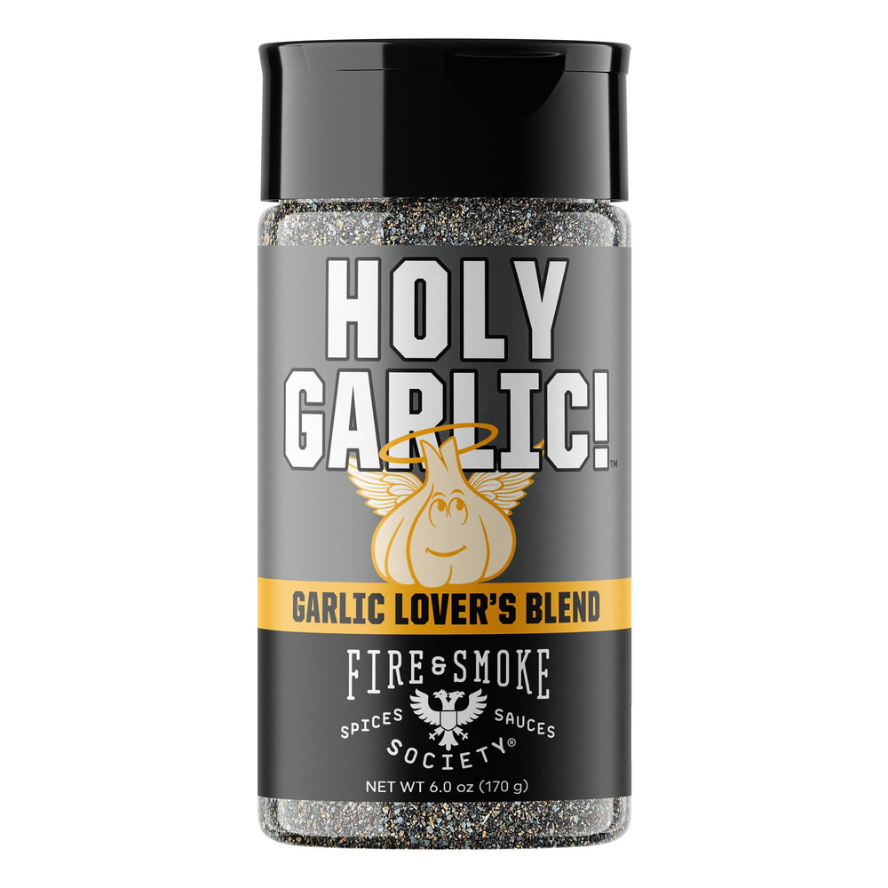 Fire & Smoke Society Holy Garlic All-Purpose Seasoning bottle for bold grilled flavor.