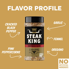 Closeup of Fire & Smoke Society Steak King bottle emphasizing robust blend
