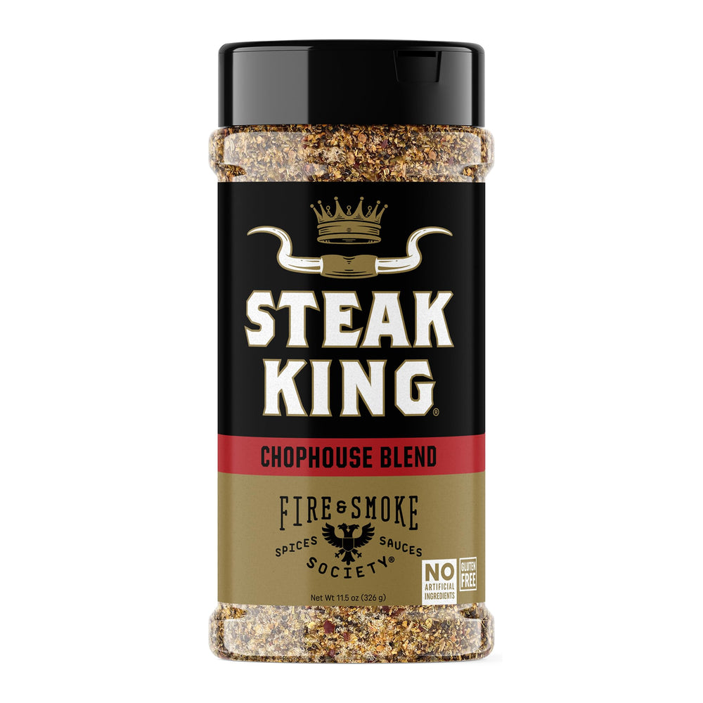 Fire & Smoke Society Steak King bottle on counter highlighting premium beef seasoning for grilling