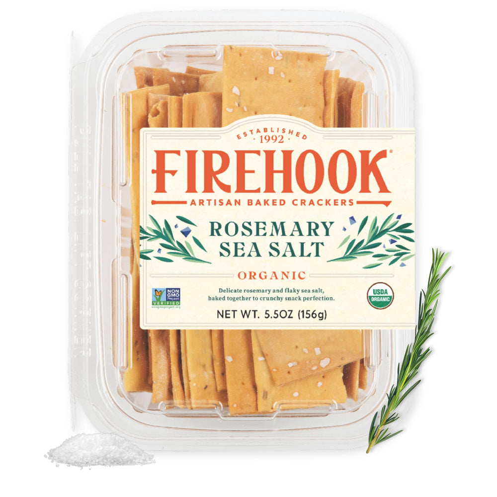 Firehook baked crackers with rosemary and sea salt deliver flavor-forward crunch.