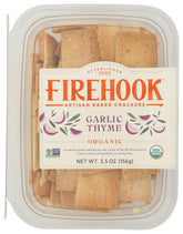 Firehook Cracker Garlic Thyme packaging close-up, highlighting premium ingredients.