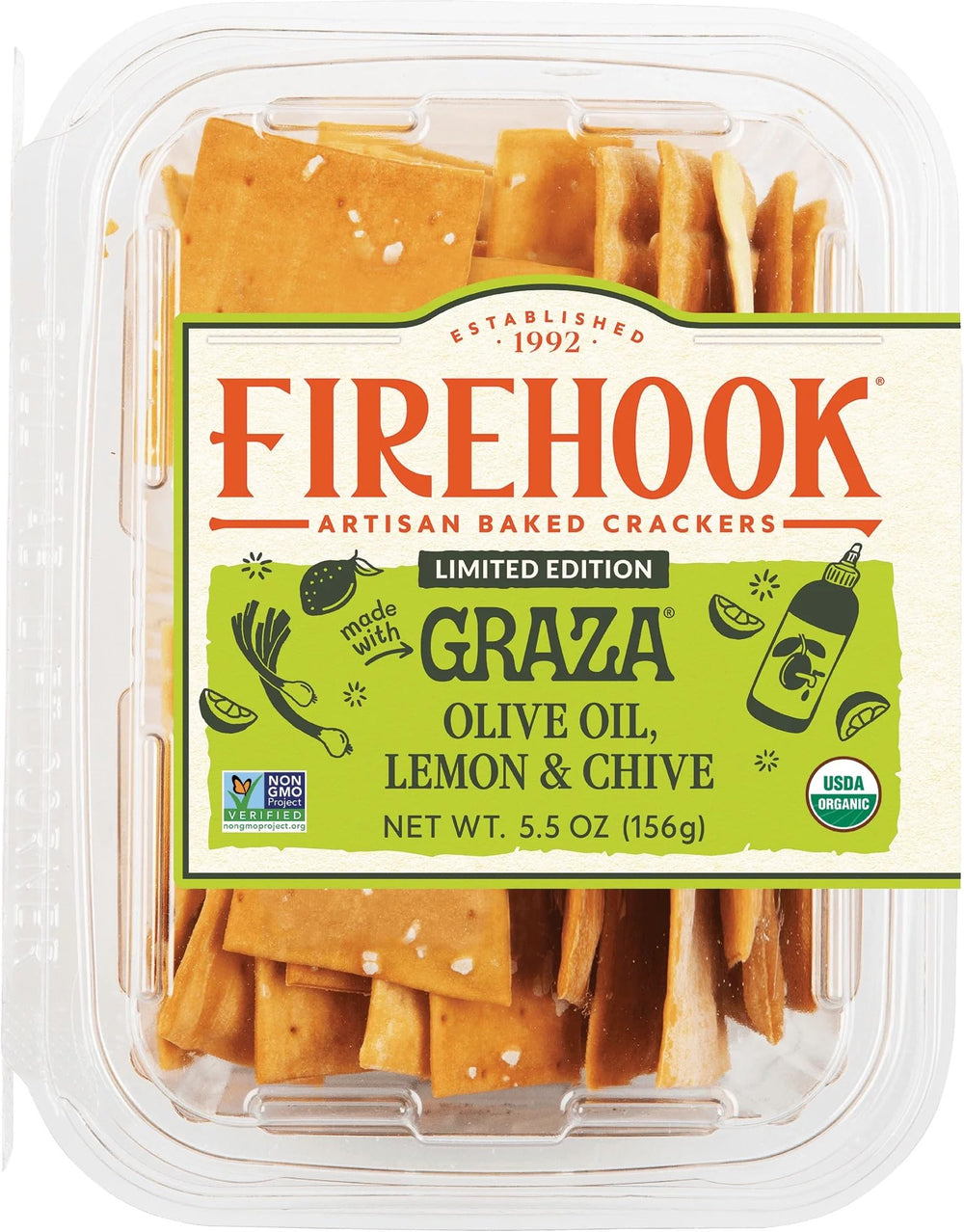 Firehook Graza Crackers with olive oil, lemon and chive on a rustic board for entertaining.