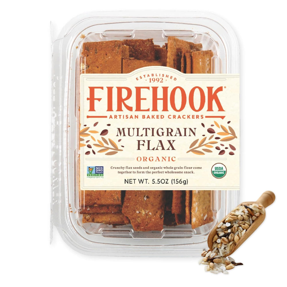 Firehook Multigrain Flax Crackers on a cheese board, perfect for entertaining.