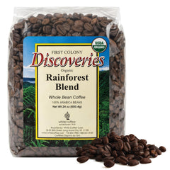 First Colony Rainforest Blend bag closeup highlighting freshness-preserving packaging.