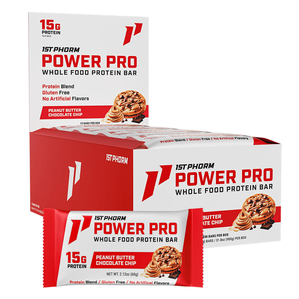First Phorm Power Pro Bar peanut butter chips front view, 15g protein.