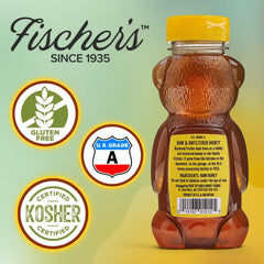 Fischer's Clover Honey squeezable bottle showing easy drizzle on foods.