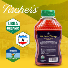 Fischer's honey label shows USDA Organic certification and pure, unfiltered quality.