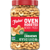 Fisher Cashews oven roasted jar ready for on-the-go snacking.