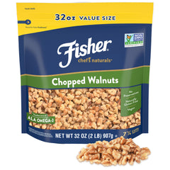 Fisher Chef's Naturals chopped walnuts in a 2lb bag, ready for baking and snacking.