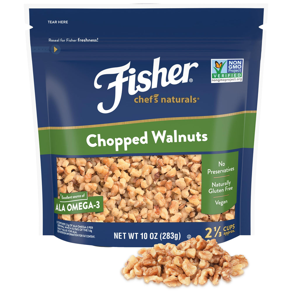 Fisher Chef's Naturals chopped walnuts bag front, fresh and ideal for baking