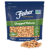 Fisher Chef's Naturals chopped walnuts bag front, fresh and ideal for baking
