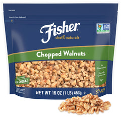 Fisher Chef's Naturals chopped walnuts bag front, ideal for baking and snacking.