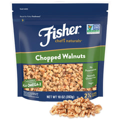 Fisher Chef's Naturals chopped walnuts bag front, fresh and ideal for baking